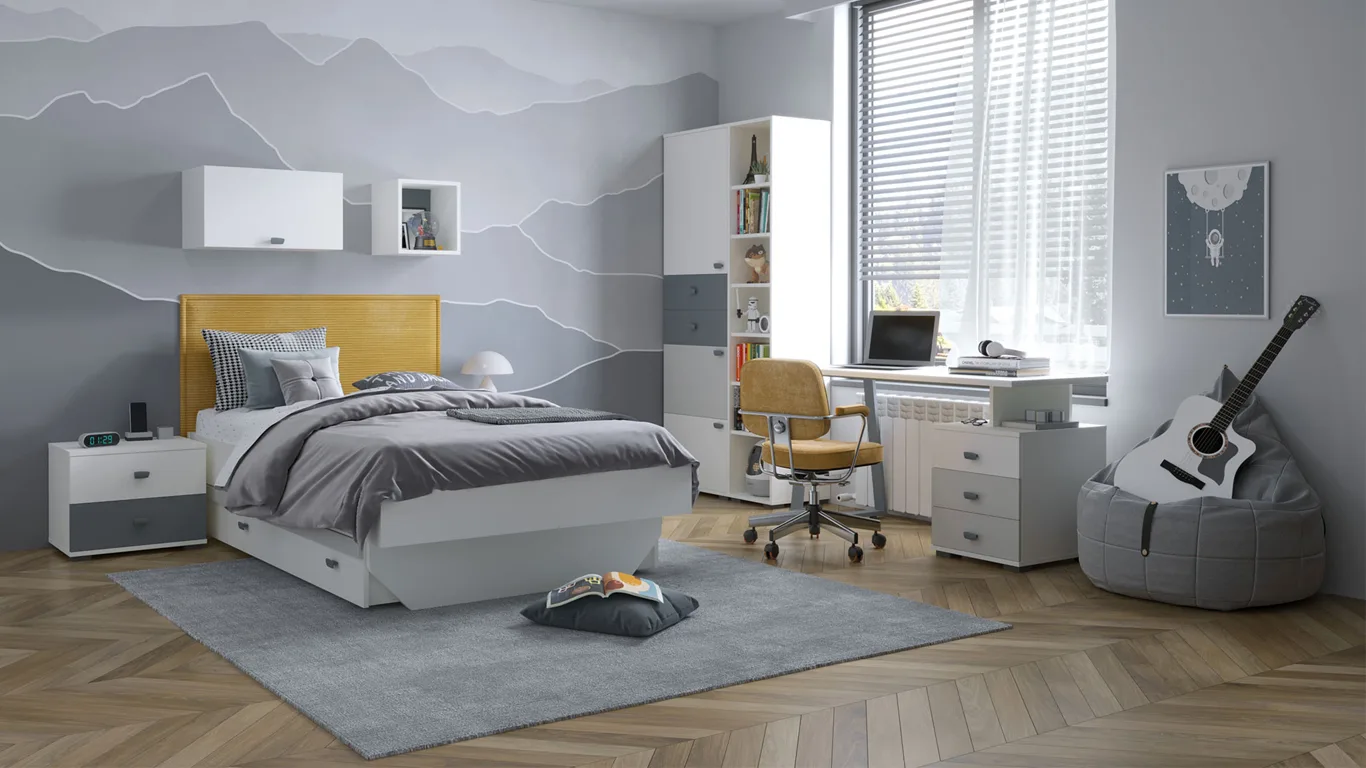 Цела детска соба уредена во сиво-бели тонови. Во собата се наоѓа кревет, работна маса, орман и други детски елементи, сите во сиви и бели нијанси. Просторот е уреден, со неутрални боји и лесен дизајн, што создава мирна и пријатна атмосфера за дете.